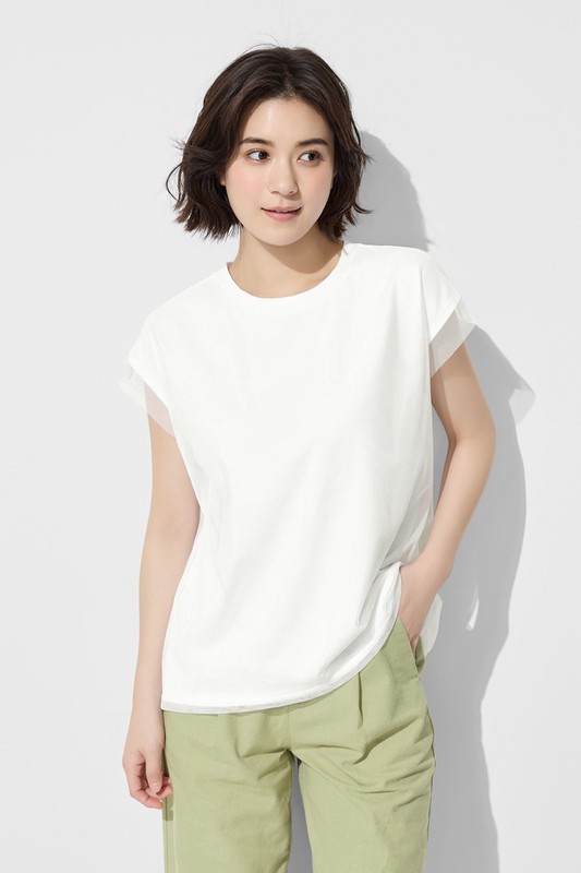 柔滑棉網紗連袖上衣-女