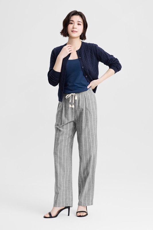 亞麻混紡條紋輕便長褲-女
