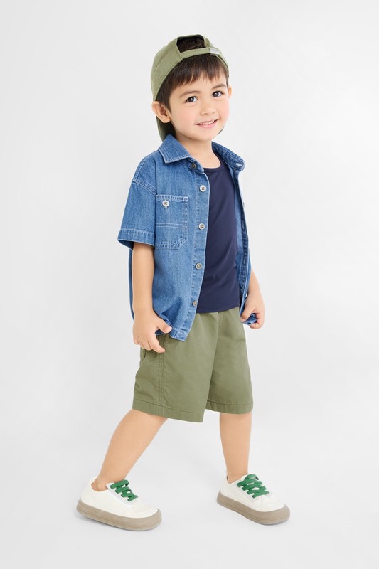 牛仔寬版短袖襯衫-童