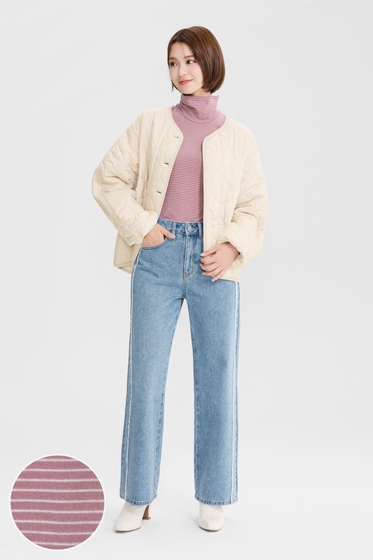 磨毛羅紋條紋高領T恤-女