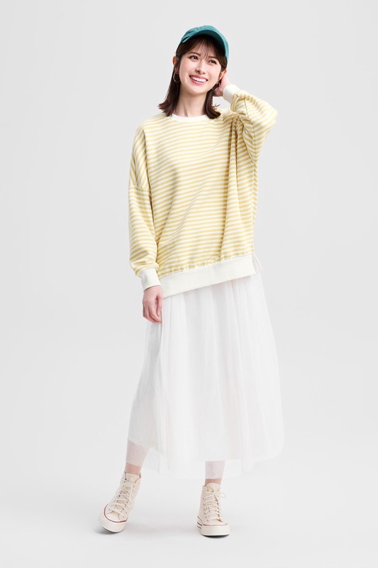 刷毛寬長版條紋圓領衫-女