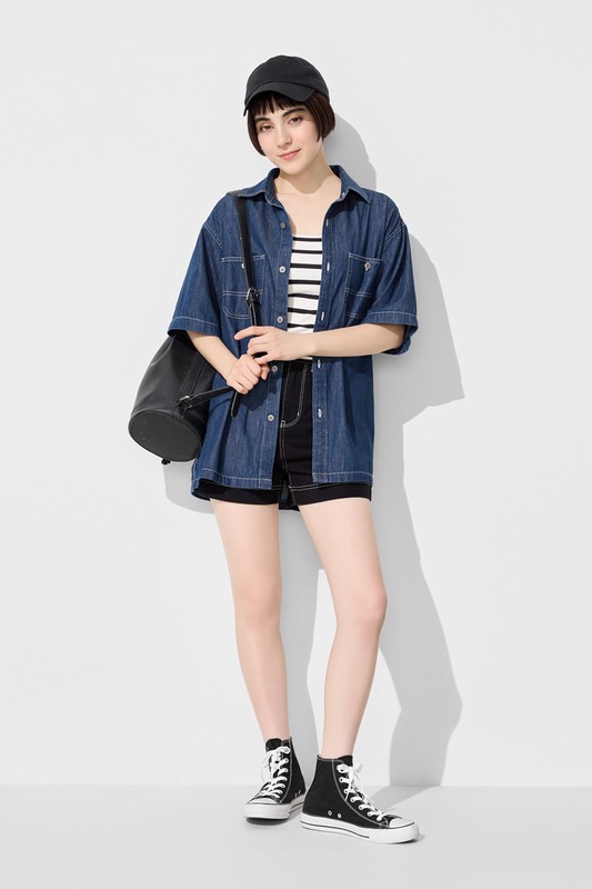 牛仔寬版短袖襯衫-男