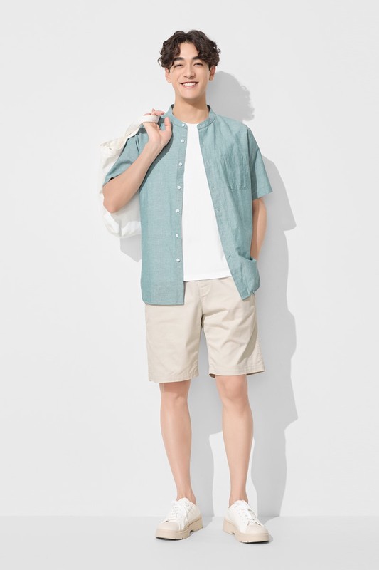 棉麻立領短袖襯衫-男