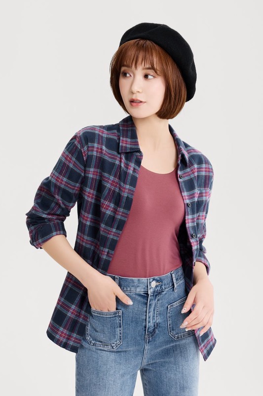 法蘭絨格紋長袖襯衫-女
